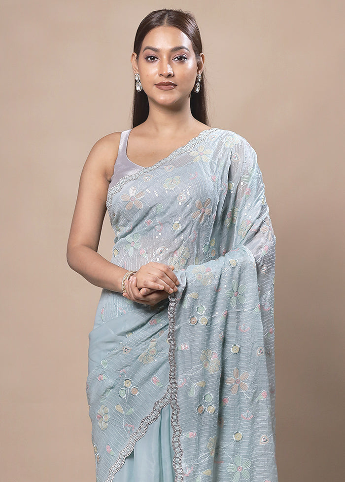 Sky Blue Silk Saree With Blouse Piece 100% Authentic