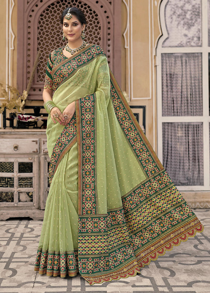 Pista Green Spun Silk Saree With Blouse Piece Quality Original