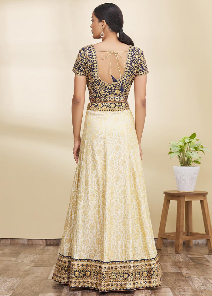 3 Pc Cream Silk Semi Stitched Lehenga Set Free Shipping Low Shipping