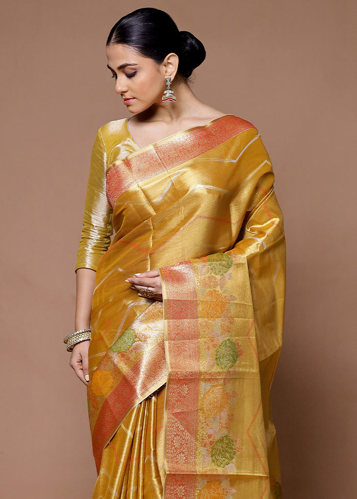 Yellow Tissue Silk Saree With Blouse Piece Clearance Low Pice