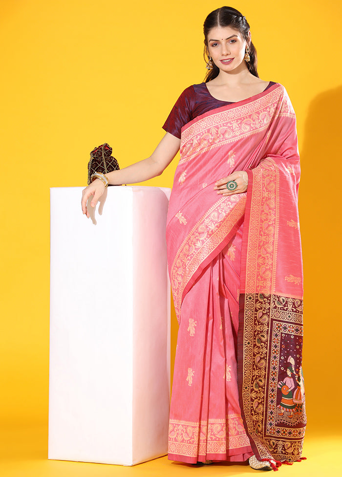 Pink Spun Silk Saree With Blouse Piece Sale 100% Authentic