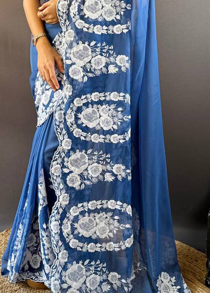 Blue Organza Saree With Blouse Piece Cheap Sale Purchase