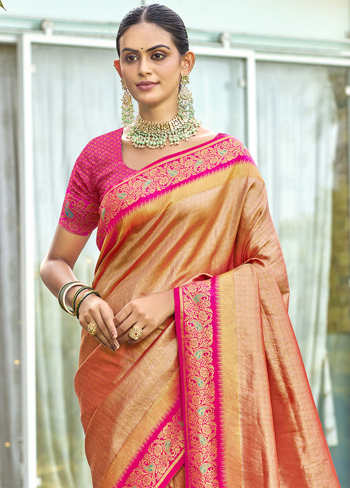 Peach Dupion Silk Saree With Blouse Piece Clearance Huge Surprise