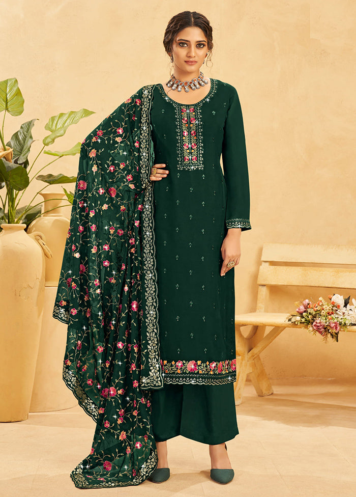 3 Pc Dark Green Semi Stitched Real Organza Suit Set Shop Offer For Sale