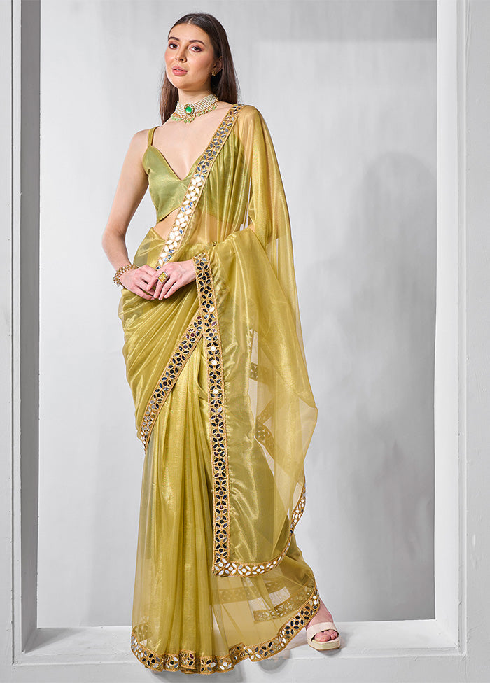 Green Net Saree With Blouse Piece Very Cheap Pice