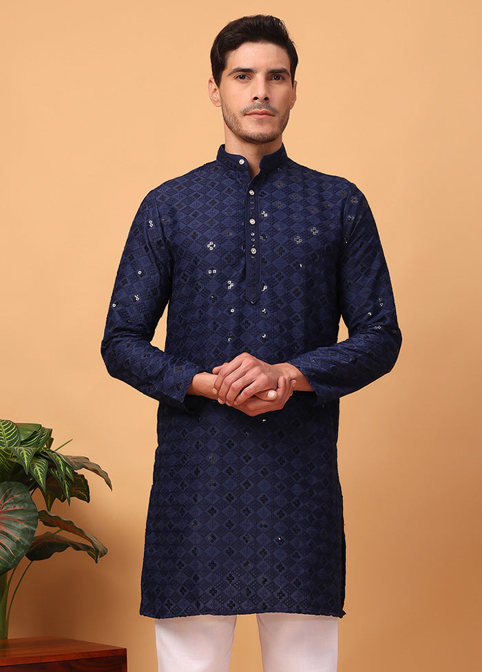 2 Pc Navy Blue Viscose Kurta Pajama Set Sale Recommend