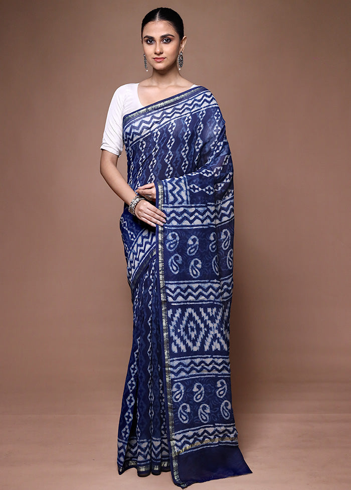 Blue Chanderi Cotton Saree With Blouse Piece Clearance 100% Guaranteed