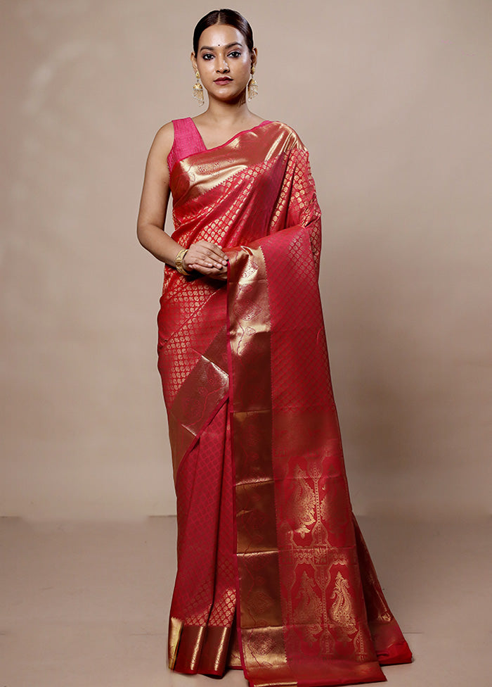 Pink Kanjivaram Silk Saree With Blouse Piece Big Discount Cheap Pice