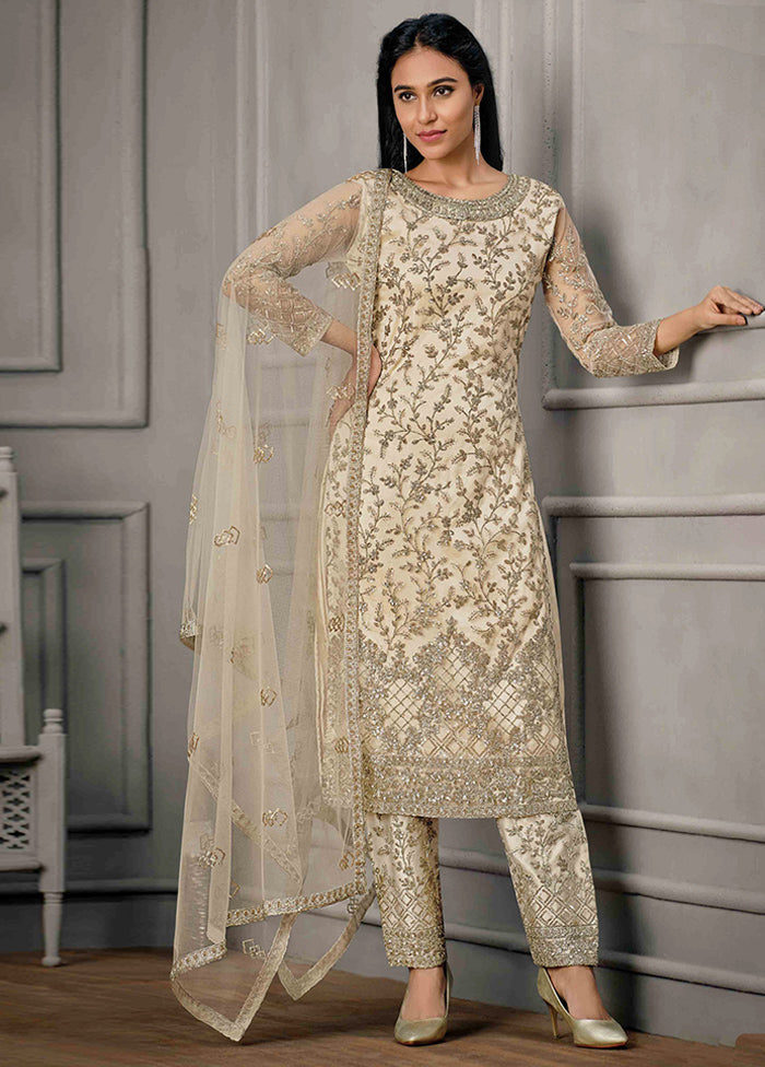 3 Pc Cream Semi Stitched Net Suit Set Buy Cheap Get Authentic