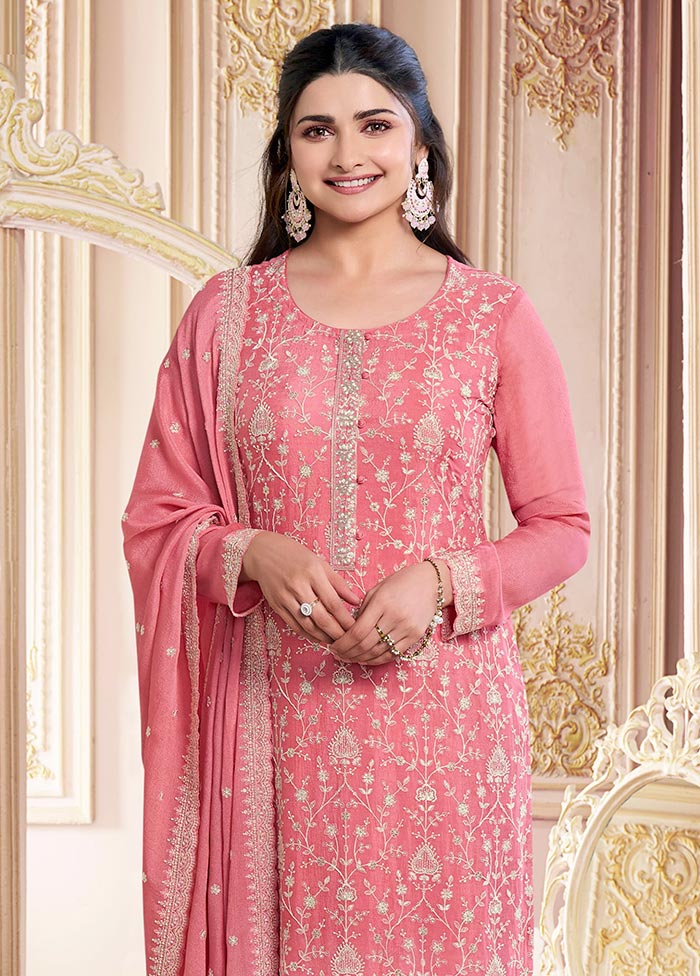 3 Pc Pink Semi Stitched Silk Suit Set Official For Sale