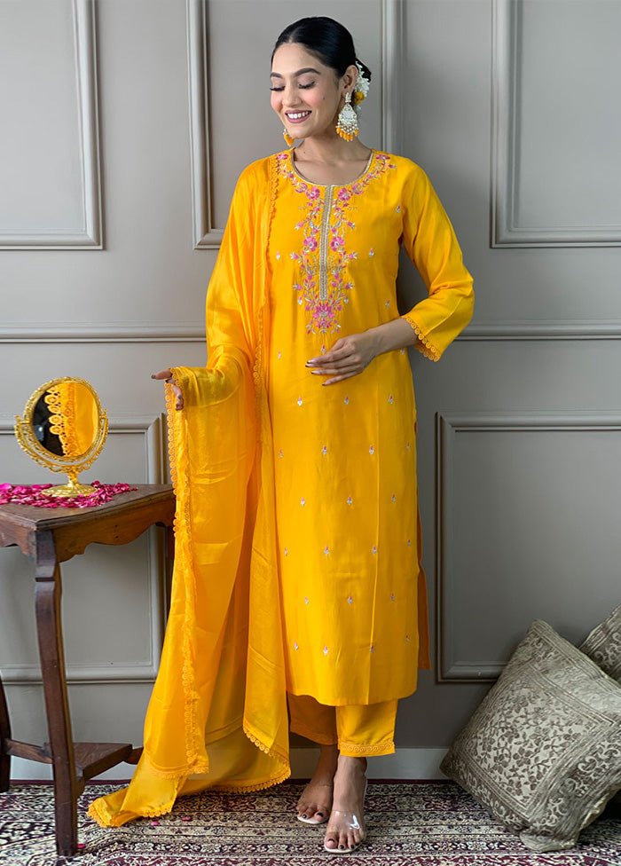 3 Pc Mustard Readymade Viscose Suit Set Latest