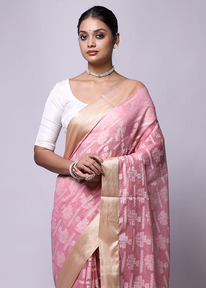 Pink Kora Silk Saree With Blouse Piece For Sale