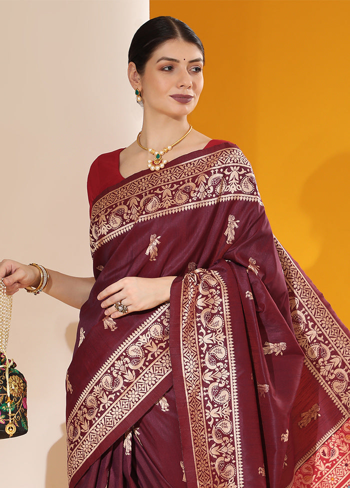 Wine Spun Silk Saree With Blouse Piece Quality Free Shipping