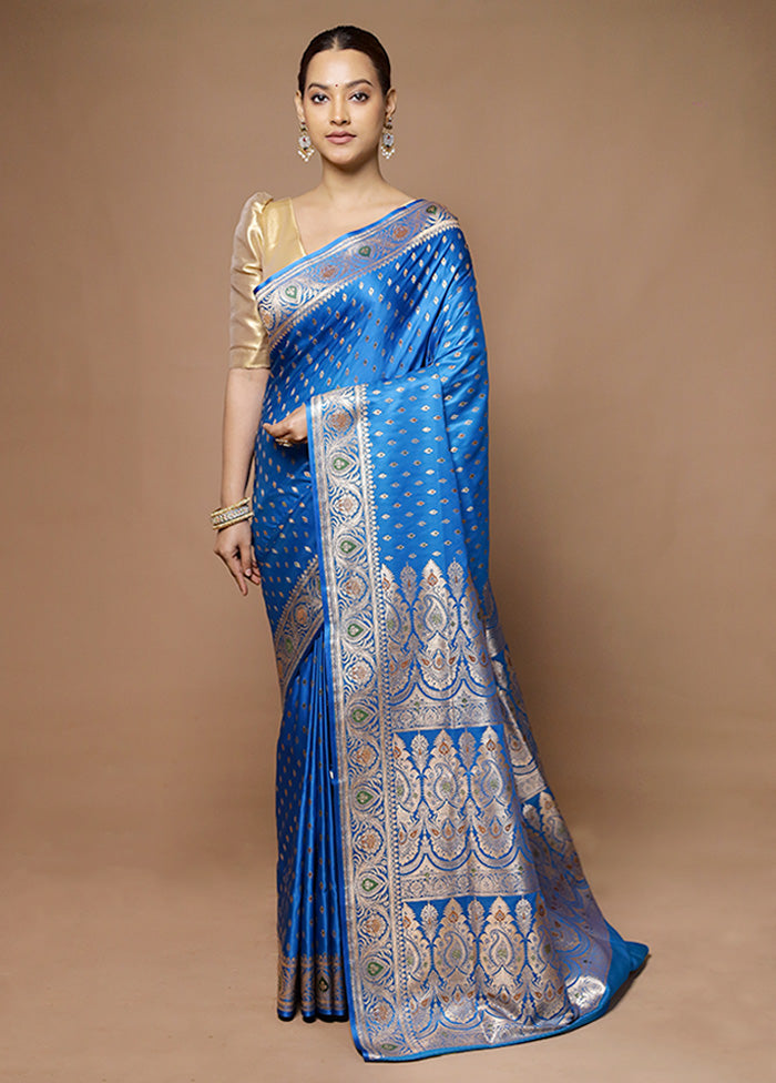 Blue Banarasi Silk Saree With Blouse Piece Cheap Sale Reliable