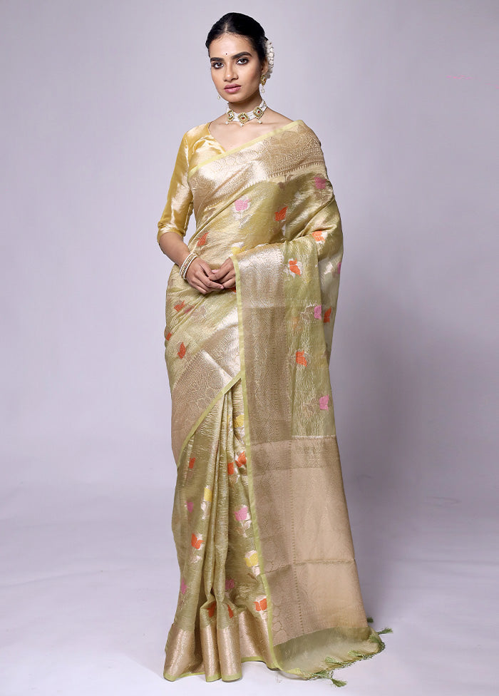 Green Crushed Tissue Silk Saree With Blouse Piece Outlet Purchase