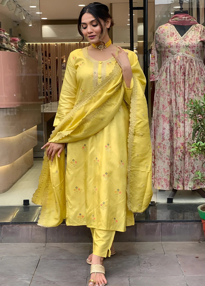 3 Pc Yellow Readymade Viscose Dupatta Suit Set In China Cheap Pice