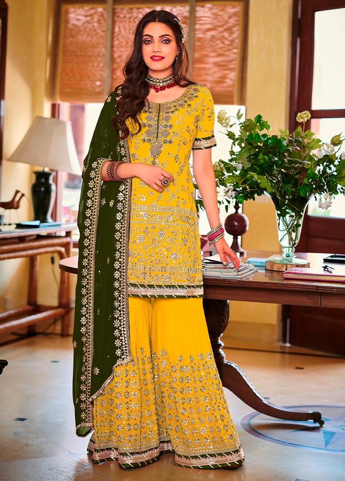 3 Pc Yellow Semi Stitched Georgette Suit Set Buy Cheap Shop