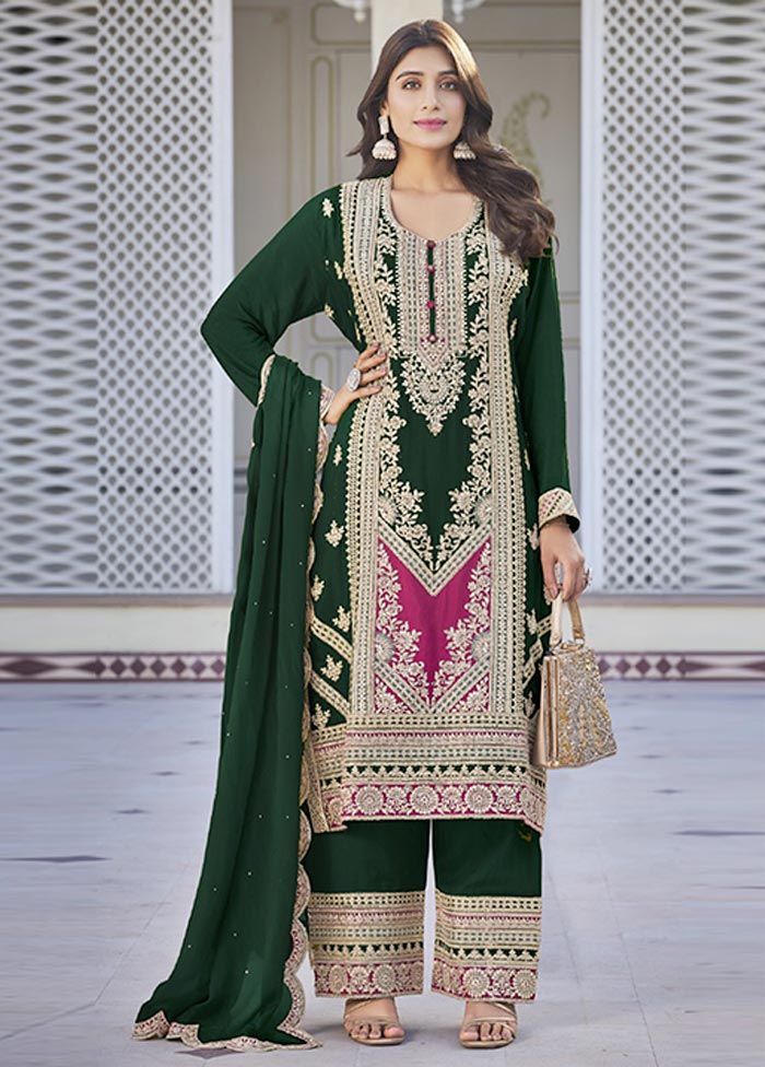 3 Pc Green Semi Stitched Silk Suit Set Best Pices For Sale