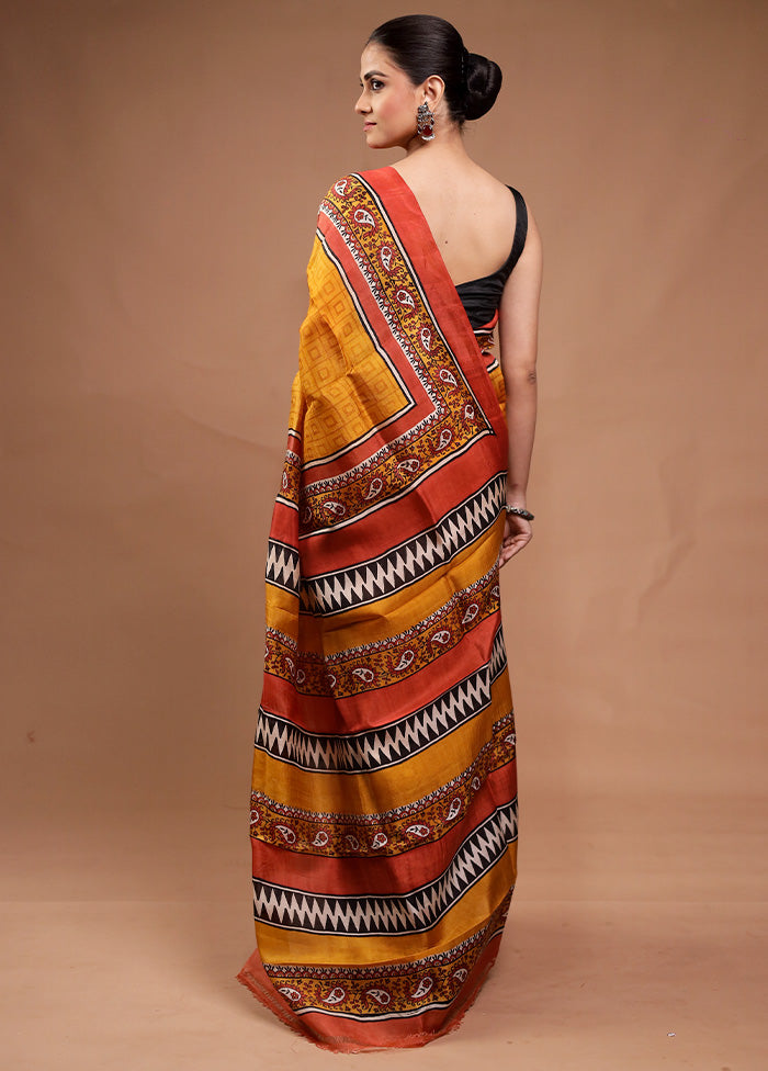 Yellow Printed Pure Silk Saree Without Blouse Piece Cost Cheap Online