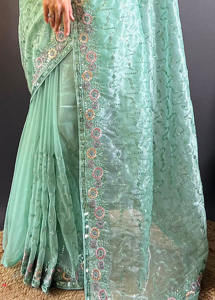 Sea Green Net Net Saree With Blouse Piece Cheapest For Sale