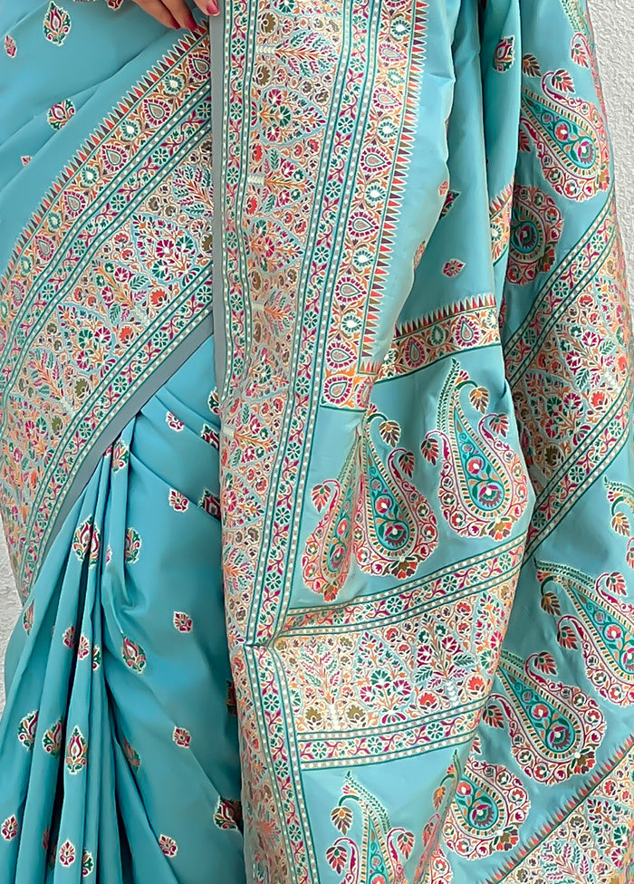 Blue Pasmina Silk Saree With Blouse Piece Outlet Fashion Style