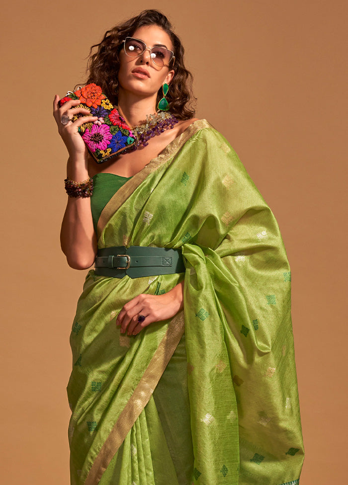 Light Green Spun Silk Saree With Blouse Piece Pre Order Online