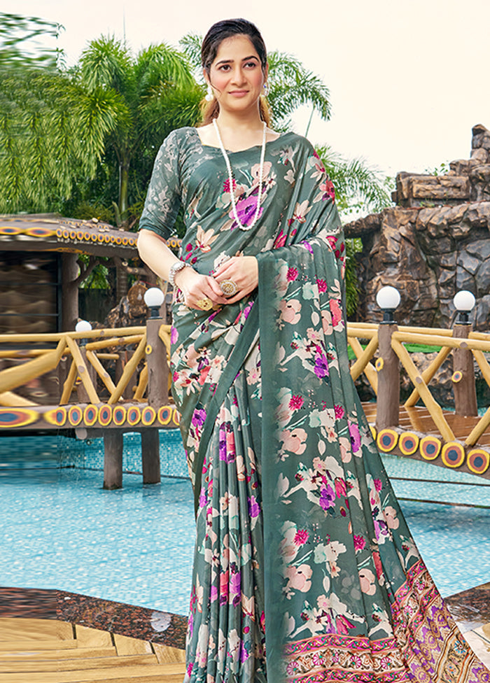 Teal Green Crepe Silk Saree With Blouse Piece Discounts Sale Online