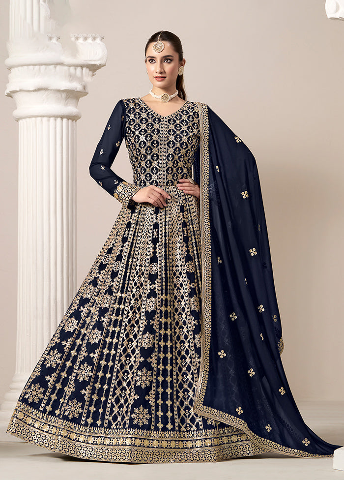 3 Pc Blue Semi Stitched Georgette Suit Set Cheap Sale Visit New