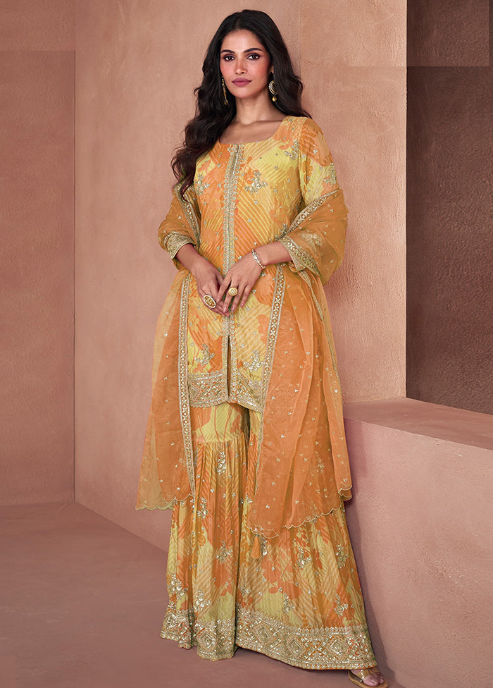 3 Pc Yellow Semi Stitched Georgette Suit Set Cheapest Pice For Sale