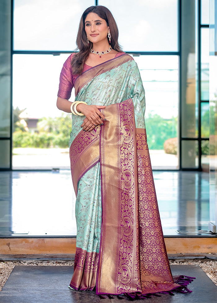 Turquoise Spun Silk Saree With Blouse Piece Cheap Sale Outlet