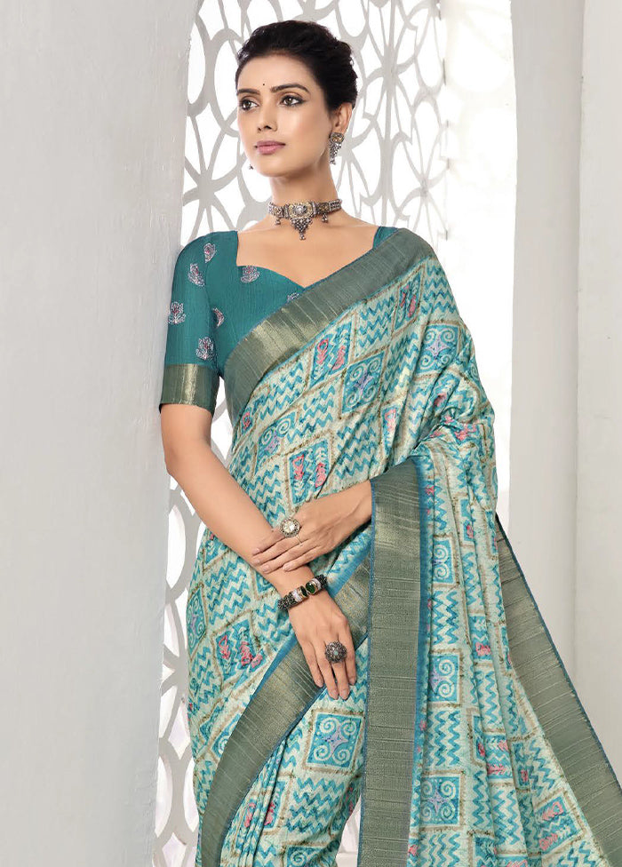 Turquoise Spun Silk Saree With Blouse Piece Clearance Extremely