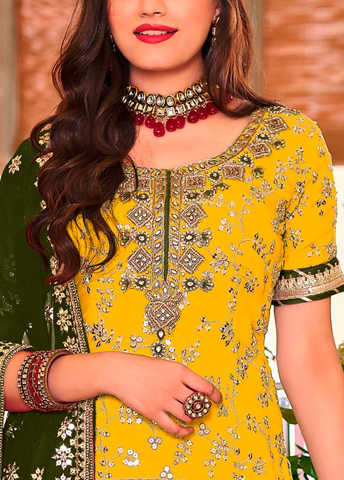 3 Pc Yellow Semi Stitched Georgette Suit Set Buy Cheap Shop