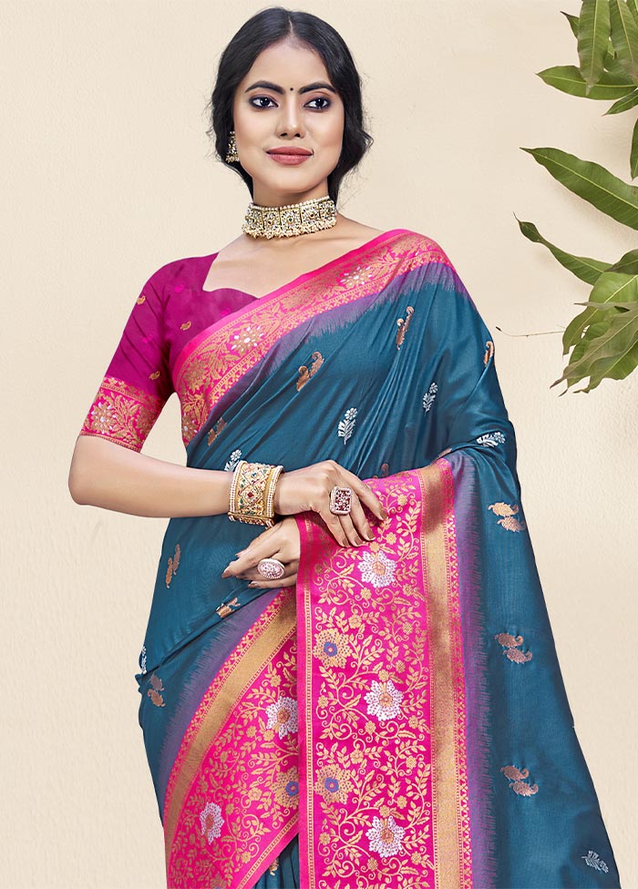 Blue Dupion Silk Saree With Blouse Piece How Much Online