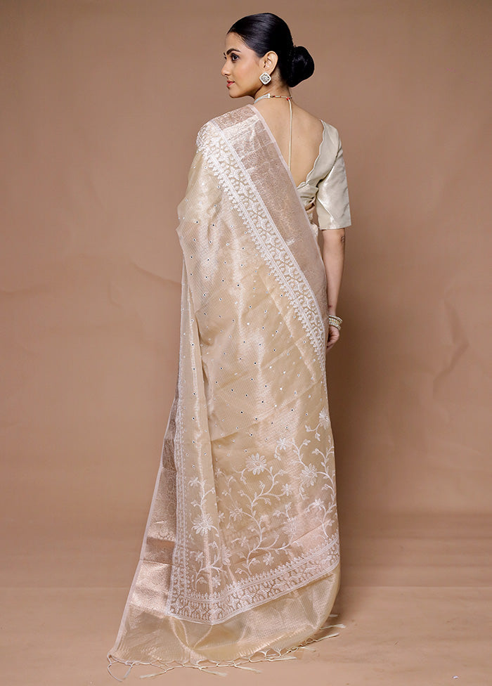 Cream Tissue Silk Saree With Blouse Piece Cheap Sale Purchase