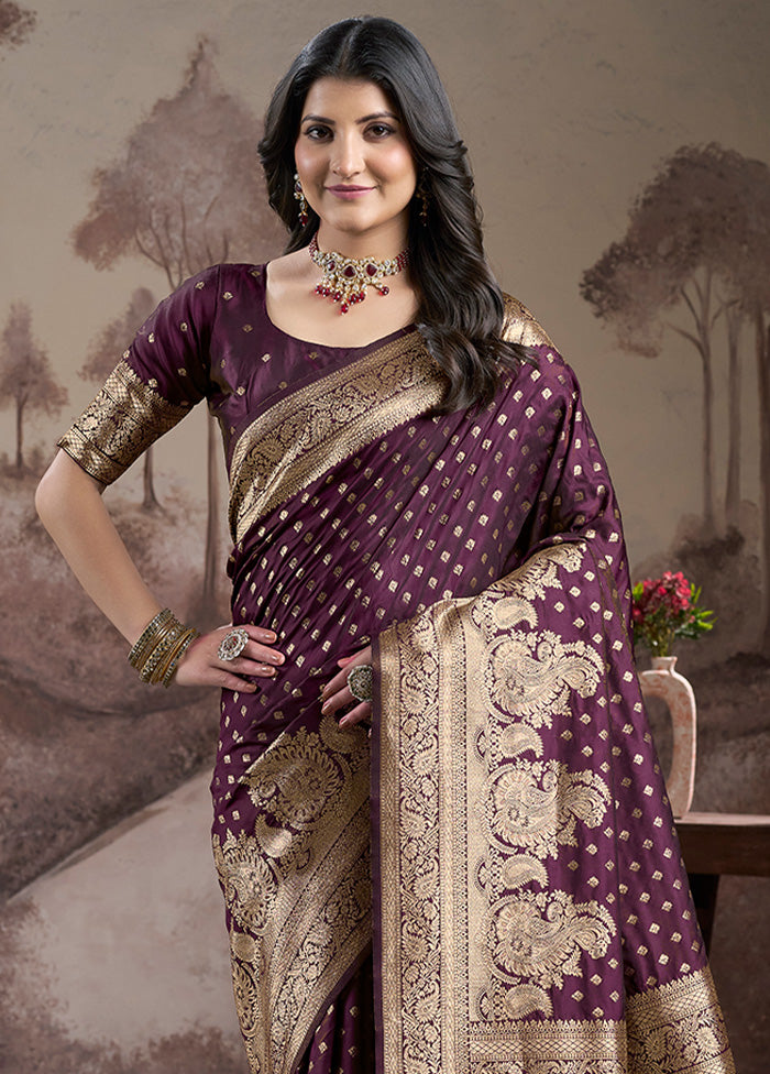 Wine Spun Silk Saree With Blouse Piece Clearance Hot Sale