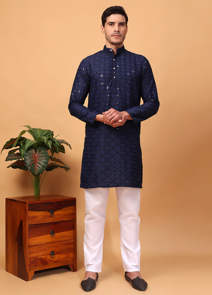 2 Pc Navy Blue Viscose Kurta Pajama Set Sale Recommend