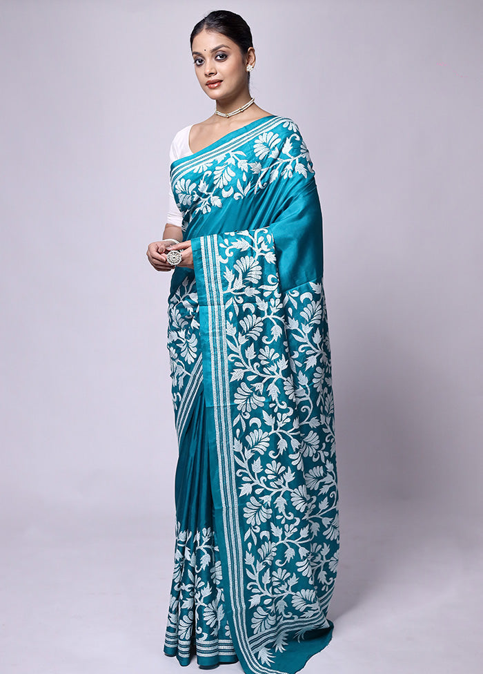 Blue Handloom Kantha Stitch Pure Silk Saree With Blouse Piece With Paypal Cheap Online