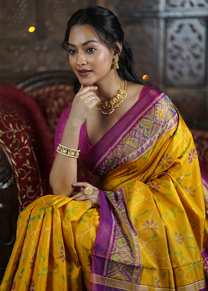 Yellow Handloom Patola Pure Silk Saree With Blouse Piece Sale Extremely