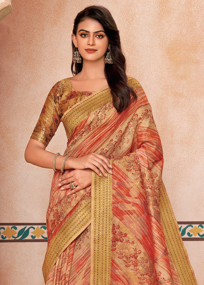 Orange Spun Silk Saree With Blouse Piece Pay With Visa For Sale