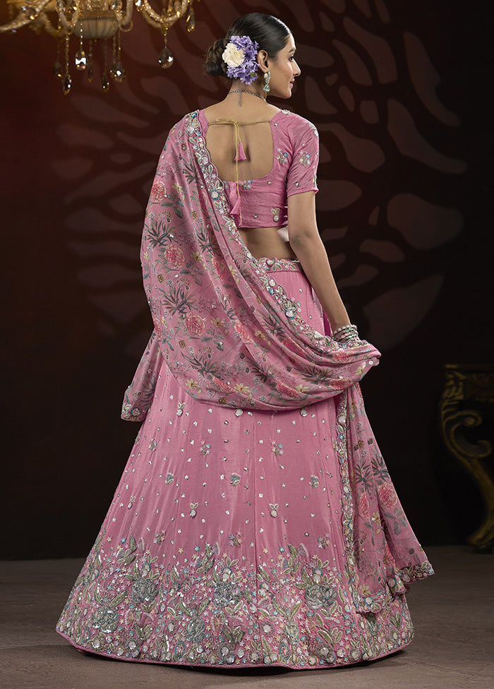 3 Pc Pink Silk Semi Stitched Lehenga Set Cheap Pice Store