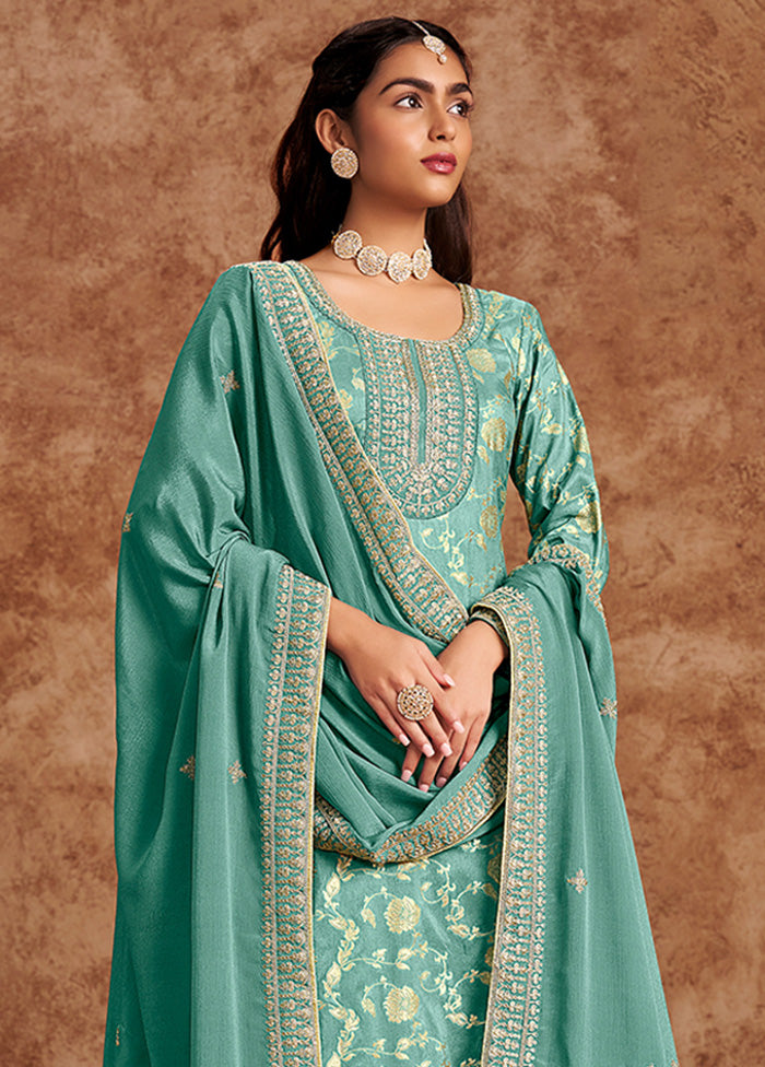 3 Pc Sea Green Semi Stitched Silk Suit Set Clearance Pick A Best