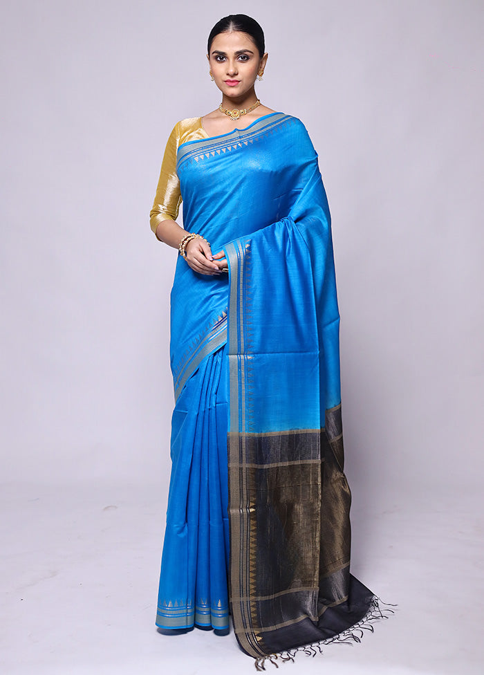 Blue Handloom Tussar Pure Silk Saree With Blouse Piece Clearance High Quality