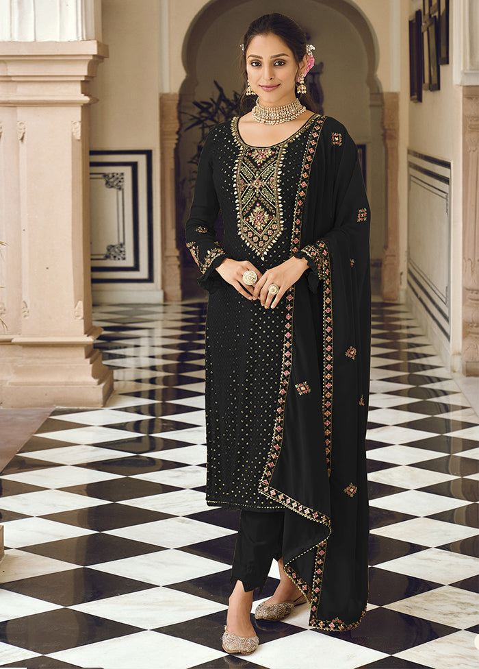 3 Pc Black Semi Stitched Georgette Suit Set Geniue Stockist Online