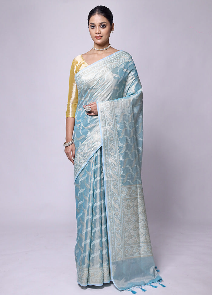 Blue Tissue Silk Saree With Blouse Piece Ebay