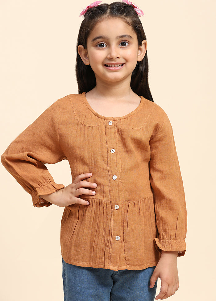 Brown Cotton Three Fourth Sleeves Round Neckshape Shirt Outlet Clearance Store