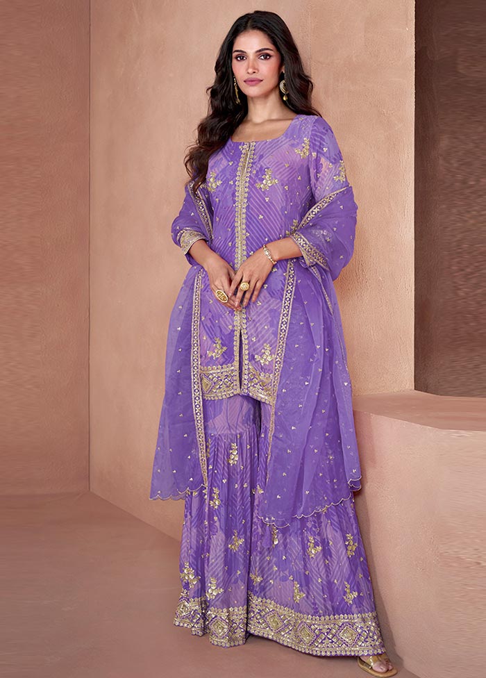 3 Pc Light Purple Semi Stitched Georgette Suit Set 2025 New For Sale