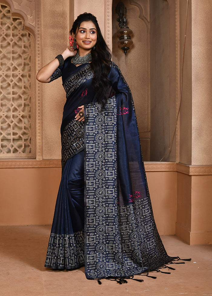 Navy Blue Spun Silk Saree With Blouse Piece Latest Collections Cheap Pice