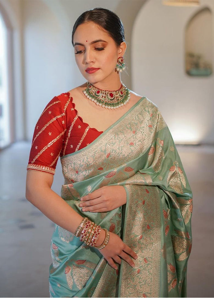 Light Green Banarasi Silk Saree With Blouse Piece Cheap Sale Outlet Locations