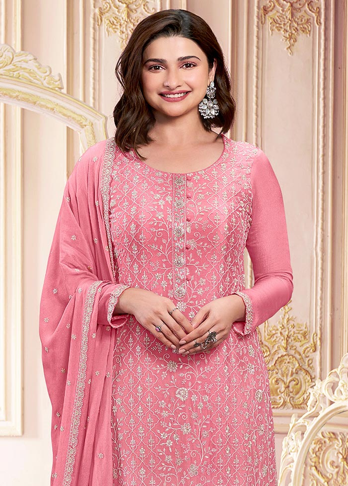 3 Pc Pink Semi Stitched Georgette Suit Set Sale Online Online