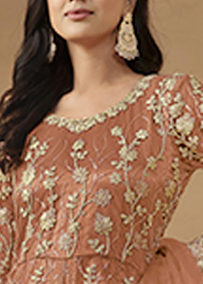 3 Pc Dark Peach Semi Stitched Net Suit Set Cost For Sale